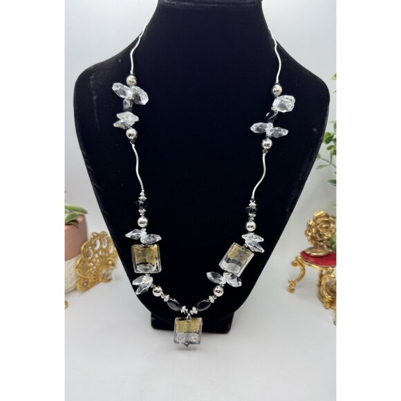 Black Silver Foil Art Glass Beaded Silver/Gold Tone And Crystal Necklace Vintage - Picture 1 of 9